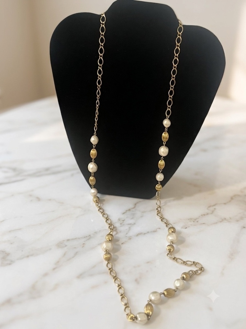 Avon Gold Tone Chain with Cream Pearls Long Necklace
